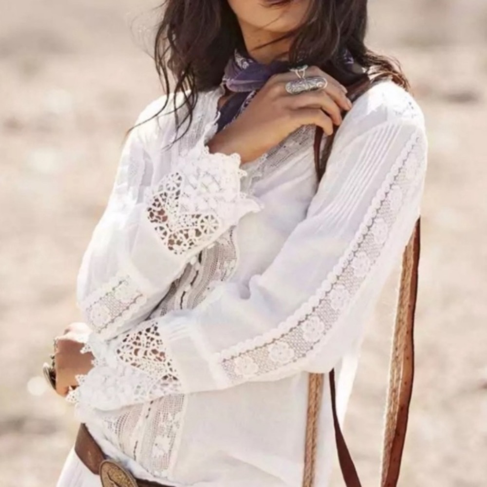 Johnny Was | Love Ivory + Ecru Lace-Trim Pintuck Victorian Boho Romantic Top S